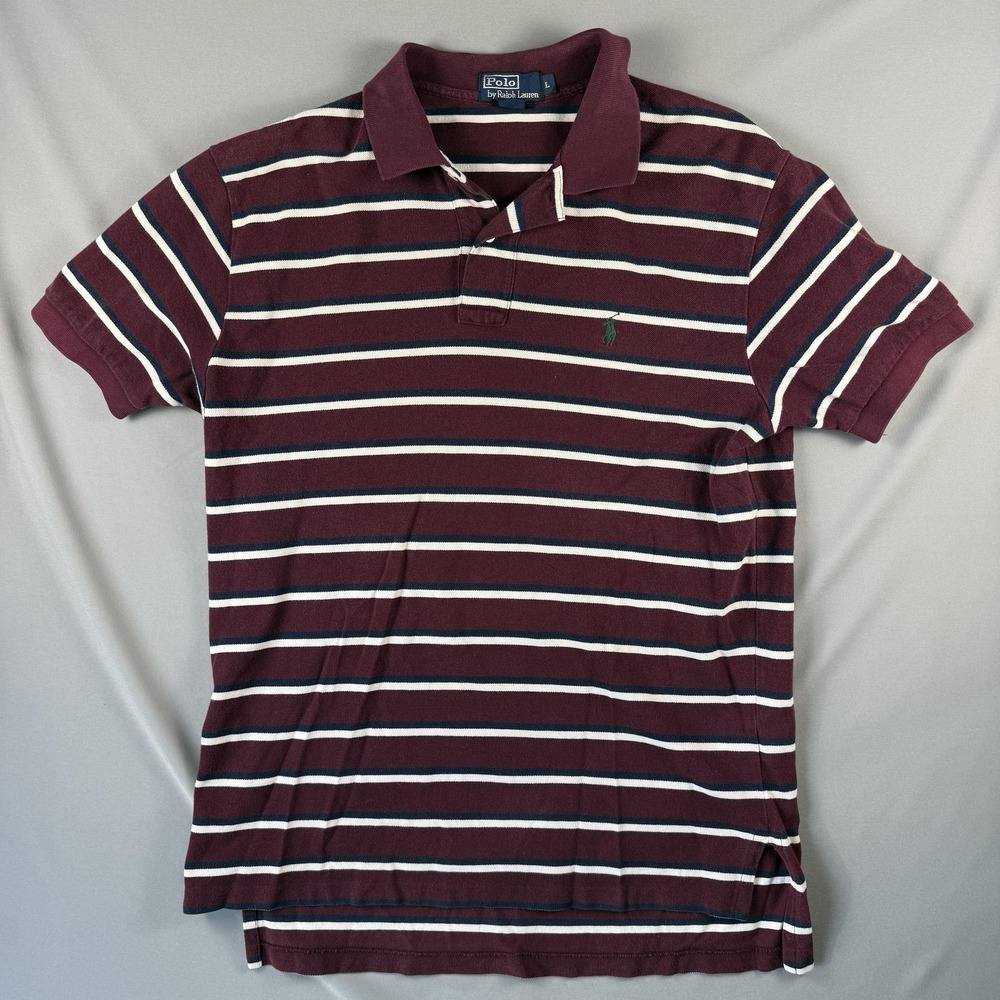Polo Ralph Lauren Polo Shirt Mens Large Red Striped Short Sleeve Pique Cotton